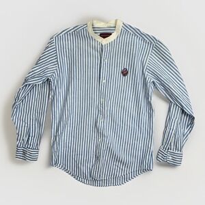 Vintage Chaps Ralph Lauren Mandarin Collar Mens M Blue White Stripe Crest Logo